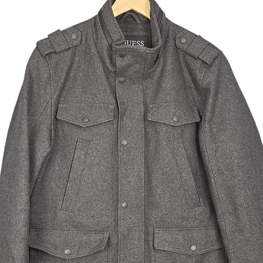 Guess Military Field Jacket Mens Large Gray Wool Blend Quilted Insulated Coat
